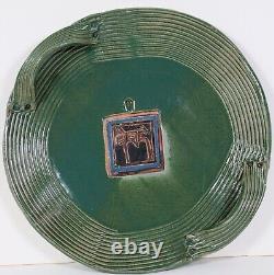 Vintage Ceramic Abstract Plate Signed Studio Pottery Green Stoneware