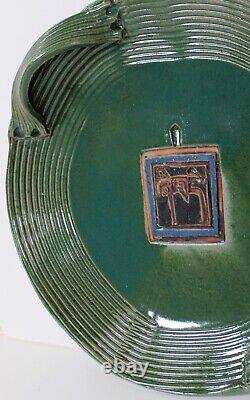 Vintage Ceramic Abstract Plate Signed Studio Pottery Green Stoneware