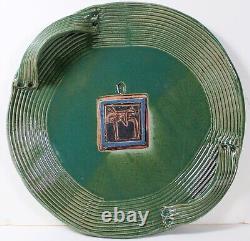 Vintage Ceramic Abstract Plate Signed Studio Pottery Green Stoneware
