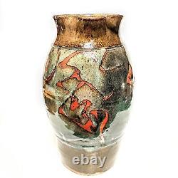 Vintage Ceramic Brown Studio Art Pottery Signed Fred Stoddar Handled Vase 11