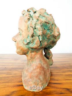 Vintage Ceramic Clay Pottery Female Head Sculpture Bust Statue Studio Yard Art