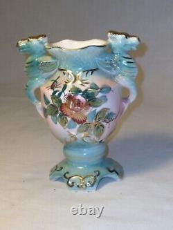Vintage Ceramic Double Handled Flying Dragon Vase Rose Flower Gold