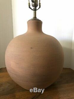 Vintage Ceramic Mid Century large Incised table lamp signed Brown studio pottery