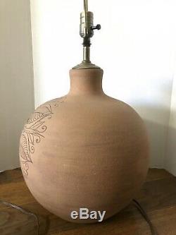 Vintage Ceramic Mid Century large Incised table lamp signed Brown studio pottery