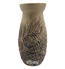 Vintage Ceramic Studio Art Pottery Vase Floral Carved Signed 1969 READ