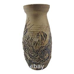Vintage Ceramic Studio Art Pottery Vase Floral Carved Signed 1969 READ