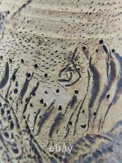 Vintage Ceramic Studio Art Pottery Vase Floral Carved Signed 1969 READ