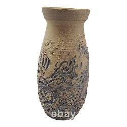 Vintage Ceramic Studio Art Pottery Vase Floral Carved Signed 1969 READ