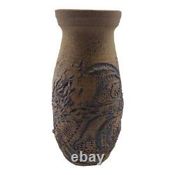 Vintage Ceramic Studio Art Pottery Vase Floral Carved Signed 1969 READ