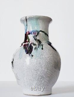 Vintage Chinese Crackle Pottery Art Studio Floral Vase