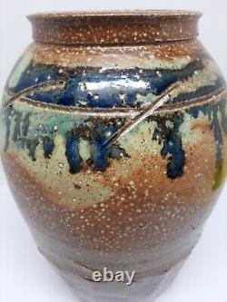 Vintage Clay Stoneware Vase Handmade Art Pottery Jar Pot 10.5T Brown Home Decor