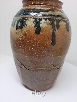 Vintage Clay Stoneware Vase Handmade Art Pottery Jar Pot 10.5T Brown Home Decor
