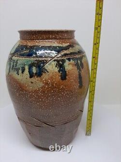 Vintage Clay Stoneware Vase Handmade Art Pottery Jar Pot 10.5T Brown Home Decor