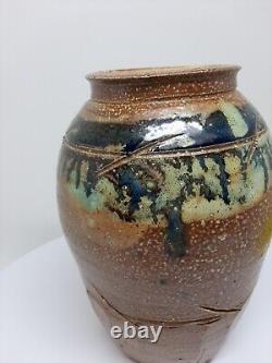 Vintage Clay Stoneware Vase Handmade Art Pottery Jar Pot 10.5T Brown Home Decor