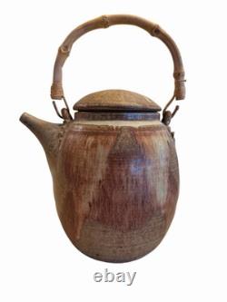 Vintage Cliff Glover Studio Pottery Teapot Signed Stoneware Bamboo Handle Art