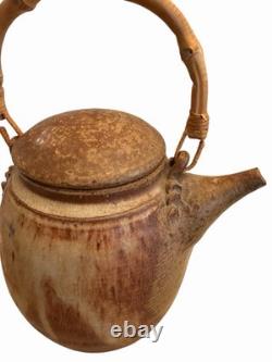 Vintage Cliff Glover Studio Pottery Teapot Signed Stoneware Bamboo Handle Art
