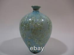 Vintage Crystalline Pottery Large Vase Artist Signed 9.5 Light Blue Turquoise