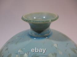 Vintage Crystalline Pottery Large Vase Artist Signed 9.5 Light Blue Turquoise