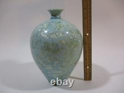 Vintage Crystalline Pottery Large Vase Artist Signed 9.5 Light Blue Turquoise
