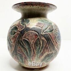 Vintage DAVID STEWART Pottery Vase SIGNED Carved Bird Leaf Apple Studio Pottery