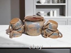 Vintage Dalton Studio Pottery Tureen 6 Soup Mugs Brown Speckled with Blue Accent