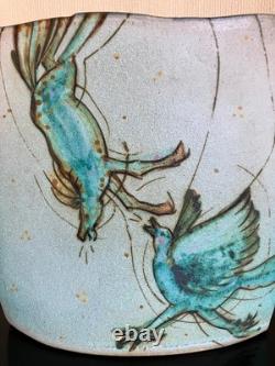 Vintage Dennis Meiners Portland Oregon Large Studio Pottery Vase Horse & Bird