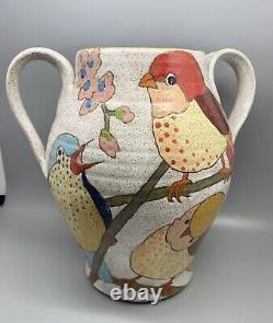 Vintage Discontinued Three Wheel Studio Pottery Two Handled Vase Birds Galore