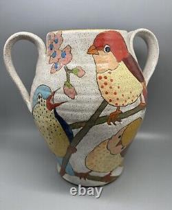 Vintage Discontinued Three Wheel Studio Pottery Two Handled Vase Birds Galore