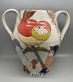 Vintage Discontinued Three Wheel Studio Pottery Two Handled Vase Birds Galore
