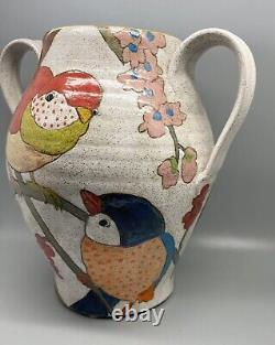 Vintage Discontinued Three Wheel Studio Pottery Two Handled Vase Birds Galore
