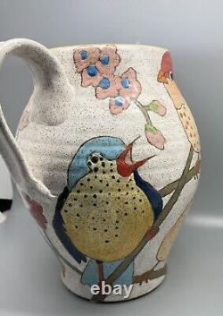 Vintage Discontinued Three Wheel Studio Pottery Two Handled Vase Birds Galore