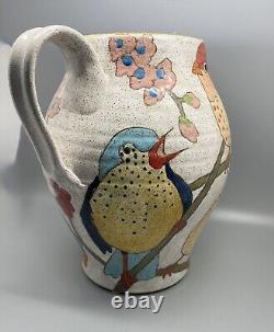 Vintage Discontinued Three Wheel Studio Pottery Two Handled Vase Birds Galore
