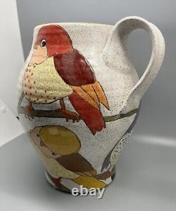 Vintage Discontinued Three Wheel Studio Pottery Two Handled Vase Birds Galore