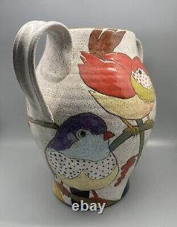 Vintage Discontinued Three Wheel Studio Pottery Two Handled Vase Birds Galore