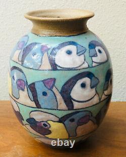 Vintage Dla Lindon Art Studios Asakawa Colorful Birds Vase Signed 1984 Great