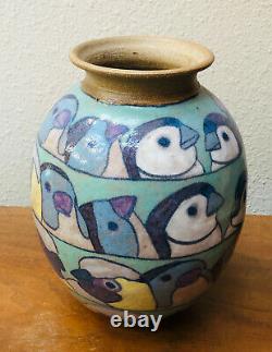 Vintage Dla Lindon Art Studios Asakawa Colorful Birds Vase Signed 1984 Great