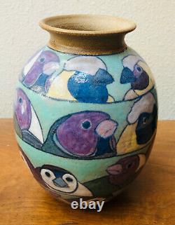 Vintage Dla Lindon Art Studios Asakawa Colorful Birds Vase Signed 1984 Great