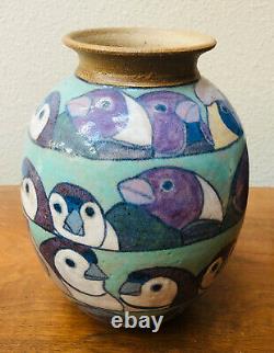 Vintage Dla Lindon Art Studios Asakawa Colorful Birds Vase Signed 1984 Great