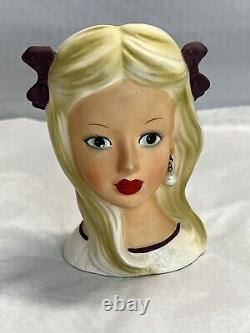 Vintage Enesco Japan Lady Head Vase 5 1/2 Blonde Up Blue Eyes Purple Bows