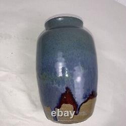 Vintage Freiwald Art Studio Pottery Vase Blue Hues Drip Glazed Signed. 7 X 4