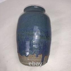 Vintage Freiwald Art Studio Pottery Vase Blue Hues Drip Glazed Signed. 7 X 4