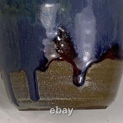Vintage Freiwald Art Studio Pottery Vase Blue Hues Drip Glazed Signed. 7 X 4