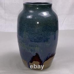 Vintage Freiwald Art Studio Pottery Vase Blue Hues Drip Glazed Signed. 7 X 4