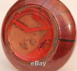 Vintage French Deco Studio Art Pottery Chrome Crystalline Orange Drip Glaze Vase