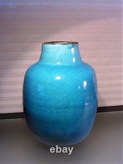 Vintage French Turquoise Crackle Glaze Pottery Vase