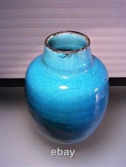 Vintage French Turquoise Crackle Glaze Pottery Vase