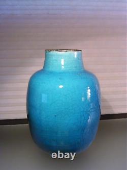 Vintage French Turquoise Crackle Glaze Pottery Vase