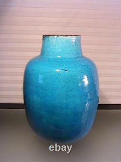 Vintage French Turquoise Crackle Glaze Pottery Vase