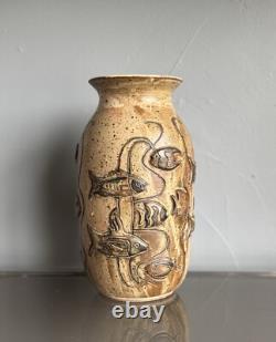 Vintage Gus & Leola Gikas Studio Pottery Fish Stoneware Vase 1976