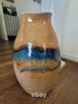 Vintage HANDCRAFTED STUDIO POTTERY LARGE VASE SIGNED Tan Blue Free Shipping
